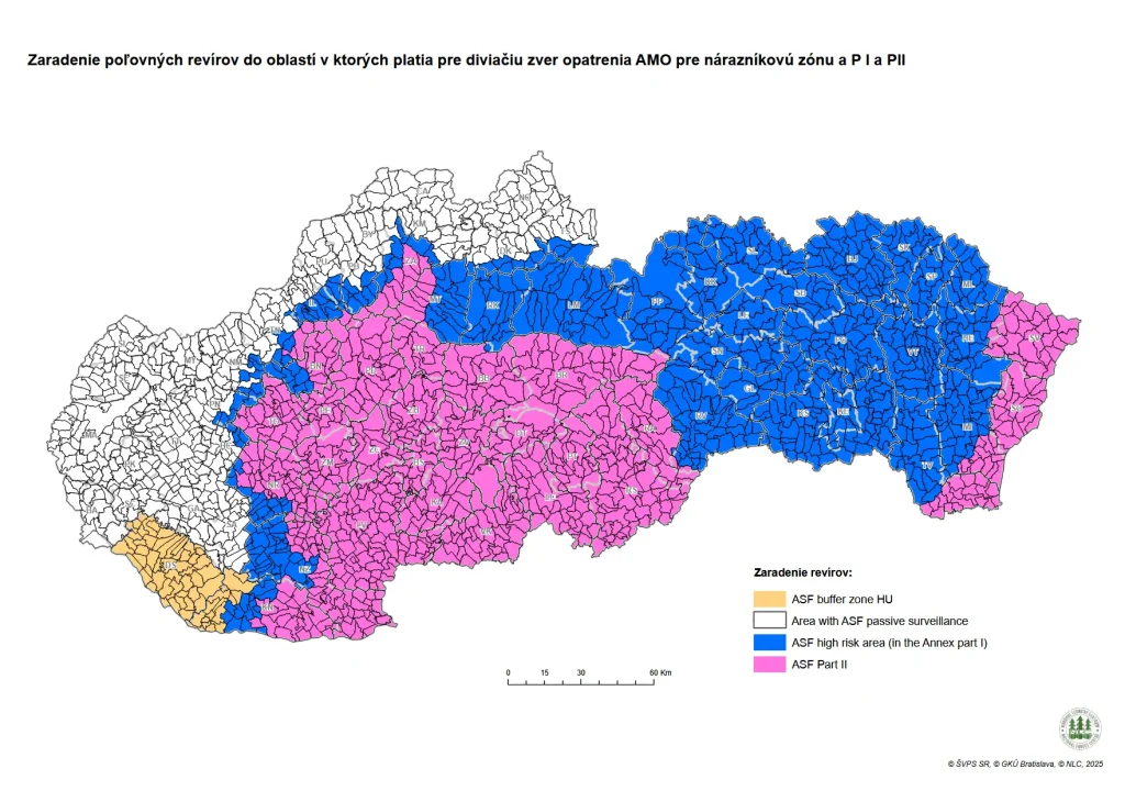 Mapa zaradenia poľovných revírov do oblasti v ktorých patria pre diviačiu zver opatrenia AMO
